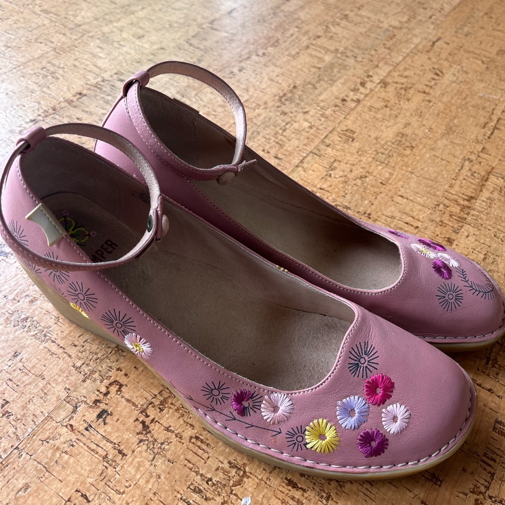 Camper Pink Floral Embroidered Wedges